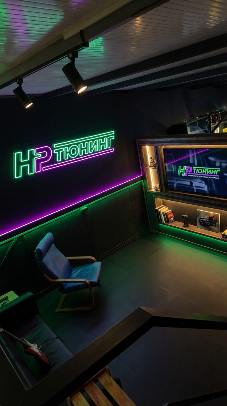 Интерьер HP Тюнинг с неоновой подсветкой — атмосфера гаража